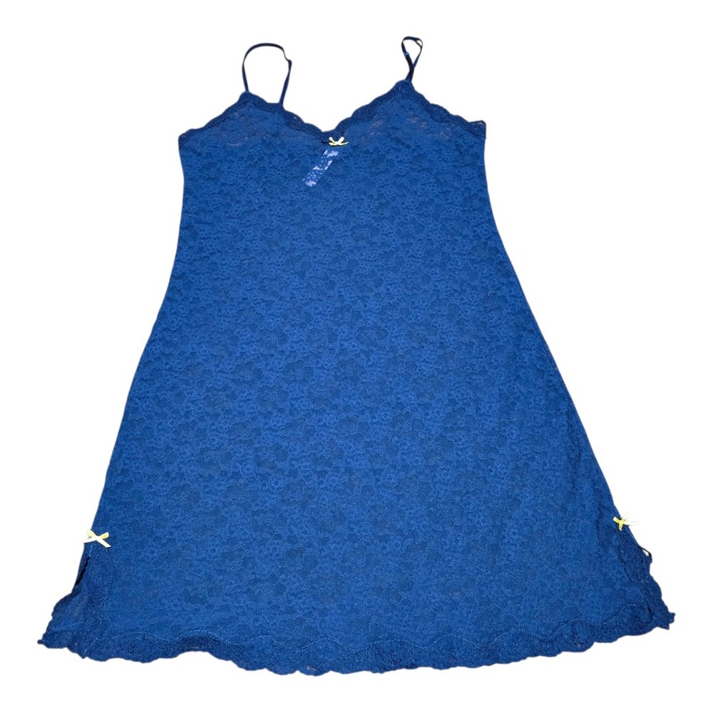 Victoria's‎ Secret Navy Blue Lace Slip Dress Mini Bows Large Semi-Sheer Stretch
